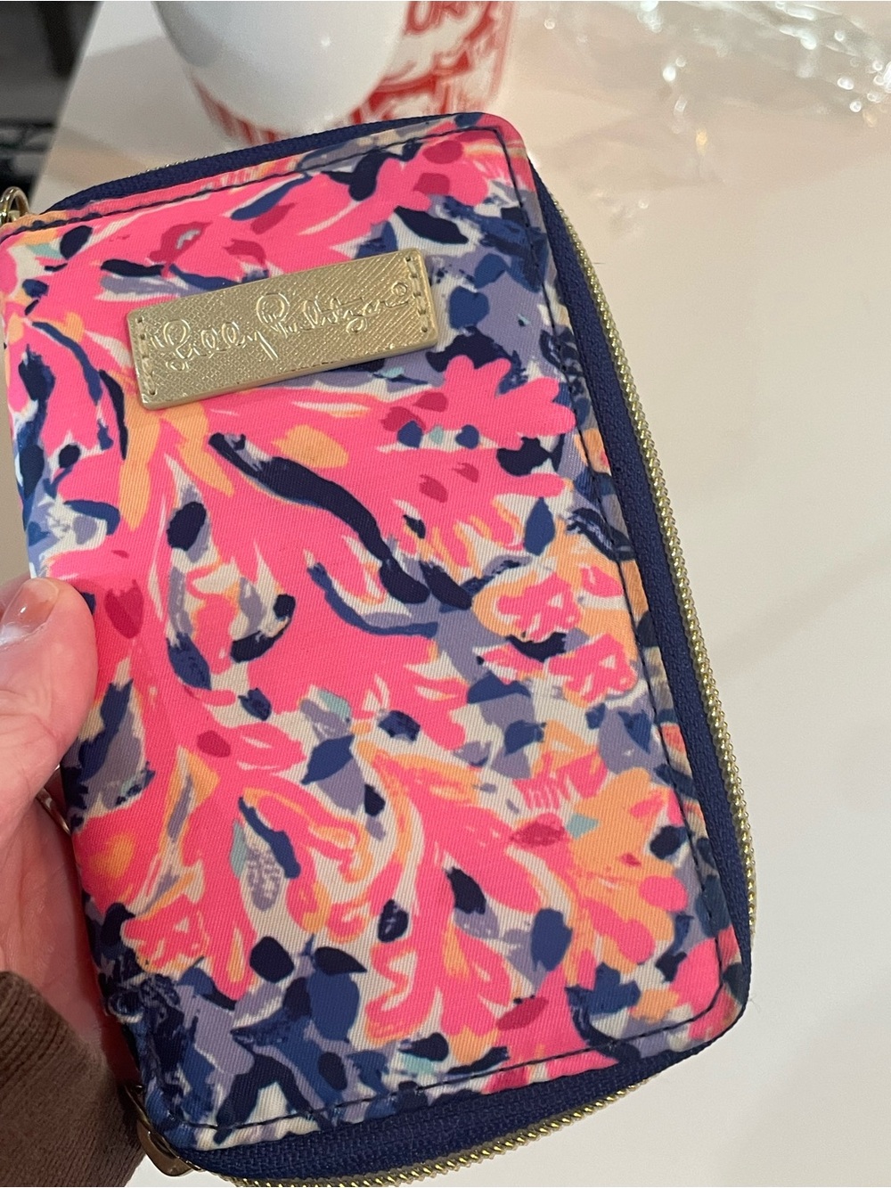 Lilly Pulitzer Coral Pink Floral Zip Pouch with Navy Trim